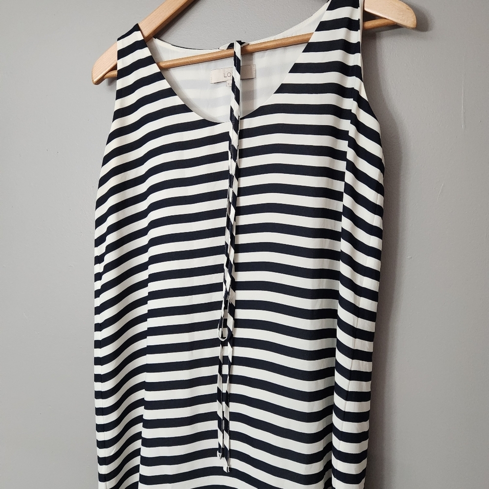 Ann Taylor LOFT Size Medium Striped Navy Sleeveless Sheath Dress tie belt - Picture 2 of 9